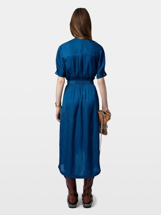 Rima Satin Dress - Mid-length dress in Japanese satin with short sleeves and asymmetric skirt.