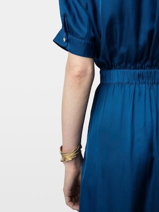 Rima Satin Dress - Mid-length dress in Japanese satin with short sleeves and asymmetric skirt.