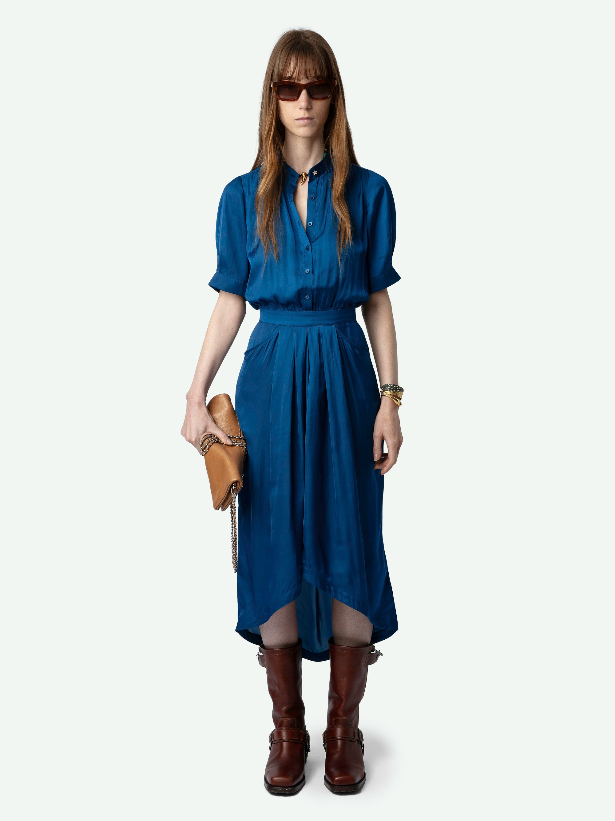 Rima Satin dress - Short-sleeved blue Japanese satin midi dress with asymmetrical skirt.