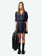 Robe Rogers Léopard Soie Jacquard - Robe courte en soie bleue marine à jacquard léopard, manches 7/8 et jupe asymétrique drapée.