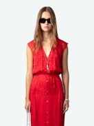 Kleid Rolanys Leopard Seide Jacquard - Langes, rotes Seidenkleid im Lingerie-Stil mit Leoparden-Jacquard und Spitze an den Schultern.