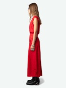 Kleid Rolanys Leopard Seide Jacquard - Langes, rotes Seidenkleid im Lingerie-Stil mit Leoparden-Jacquard und Spitze an den Schultern.