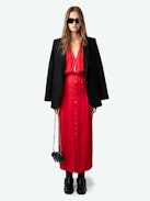 Kleid Rolanys Leopard Seide Jacquard - Langes, rotes Seidenkleid im Lingerie-Stil mit Leoparden-Jacquard und Spitze an den Schultern.