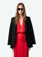 Kleid Rolanys Leopard Seide Jacquard - Langes, rotes Seidenkleid im Lingerie-Stil mit Leoparden-Jacquard und Spitze an den Schultern.