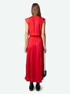 Kleid Rolanys Leopard Seide Jacquard - Langes, rotes Seidenkleid im Lingerie-Stil mit Leoparden-Jacquard und Spitze an den Schultern.
