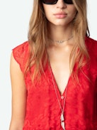 Kleid Rolanys Leopard Seide Jacquard - Langes, rotes Seidenkleid im Lingerie-Stil mit Leoparden-Jacquard und Spitze an den Schultern.