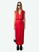 Kleid Rolanys Leopard Seide Jacquard - Langes, rotes Seidenkleid im Lingerie-Stil mit Leoparden-Jacquard und Spitze an den Schultern.