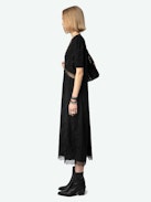 Redox Silk Dress - Black silk lingerie-style midi dress with jacquard chains, short sleeves and lace detailing.