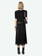 Redox Silk Dress - Black silk lingerie-style midi dress with jacquard chains, short sleeves and lace detailing.