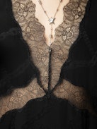 Redox Silk Dress - Black silk lingerie-style midi dress with jacquard chains, short sleeves and lace detailing.