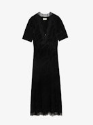 Redox Silk Dress - Black silk lingerie-style midi dress with jacquard chains, short sleeves and lace detailing.
