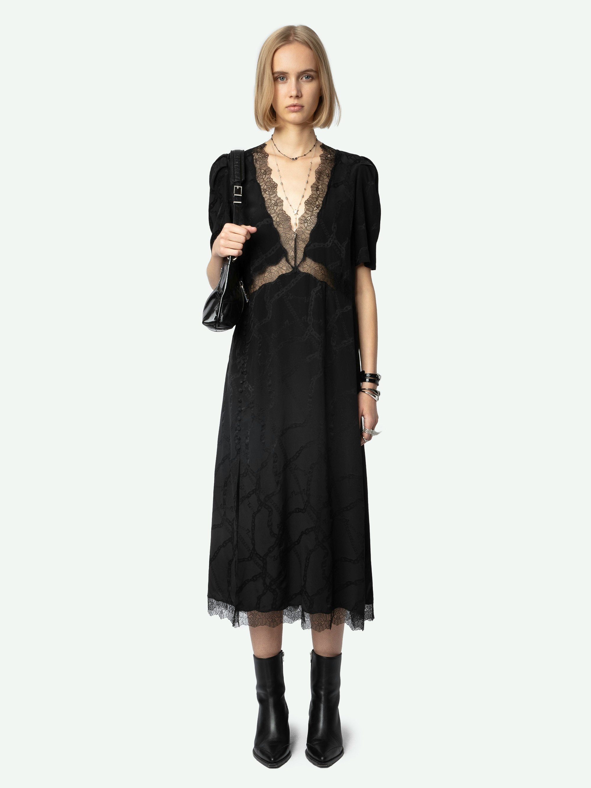 Vestido Redox 100% Seda - Vestido de largo medio negro de estilo lencero de seda con cadenas de jacquard, manga corta y encaje.