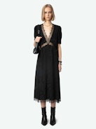 Redox Silk Dress - Black silk lingerie-style midi dress with jacquard chains, short sleeves and lace detailing.