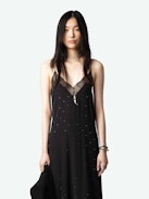 Risty Diamanté Dress - Black maxi lingerie-style diamanté dress with all-over diamanté, thin straps, and lace-trimmed neckline.