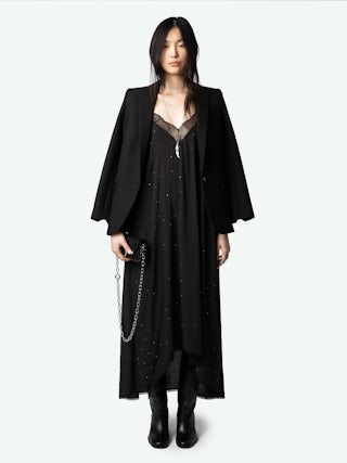 Risty Diamanté Dress - Black maxi lingerie-style diamanté dress with all-over diamanté, thin straps, and lace-trimmed neckline.