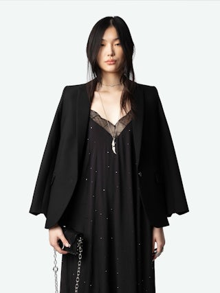 Risty Diamanté Dress - Black maxi lingerie-style diamanté dress with all-over diamanté, thin straps, and lace-trimmed neckline.