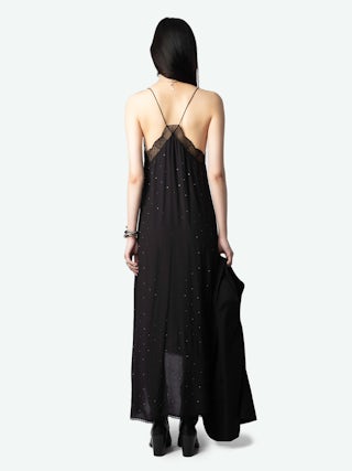 Risty Diamanté Dress - Black maxi lingerie-style diamanté dress with all-over diamanté, thin straps, and lace-trimmed neckline.