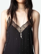 Risty Diamanté Dress - Black maxi lingerie-style diamanté dress with all-over diamanté, thin straps, and lace-trimmed neckline.