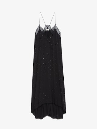 Risty Diamanté Dress - Black maxi lingerie-style diamanté dress with all-over diamanté, thin straps, and lace-trimmed neckline.