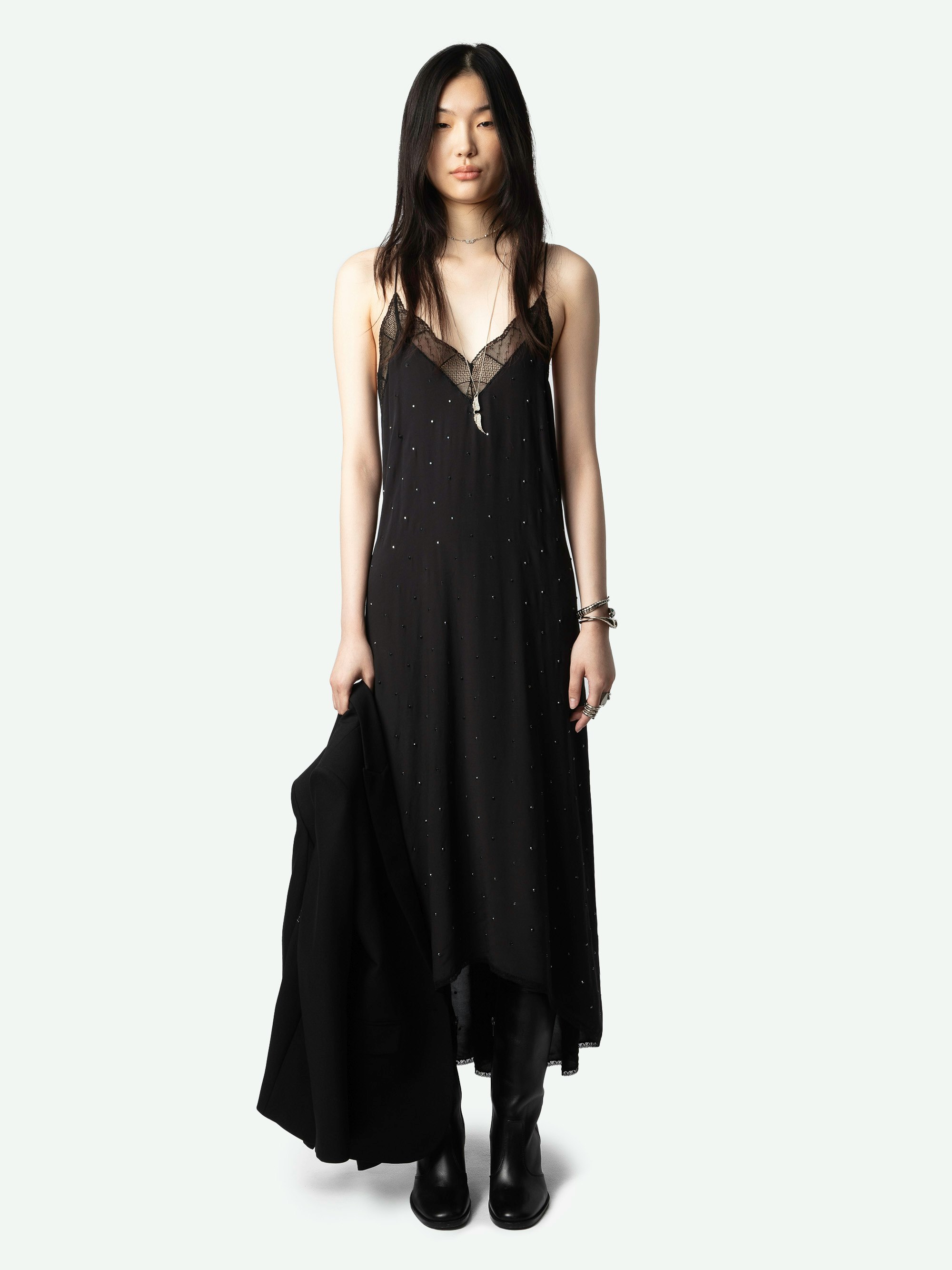 Risty Diamanté Dress - Black maxi lingerie-style diamanté dress with all-over diamanté, thin straps, and lace-trimmed neckline.