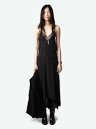 Risty Diamanté Dress - Black maxi lingerie-style diamanté dress with all-over diamanté, thin straps, and lace-trimmed neckline.