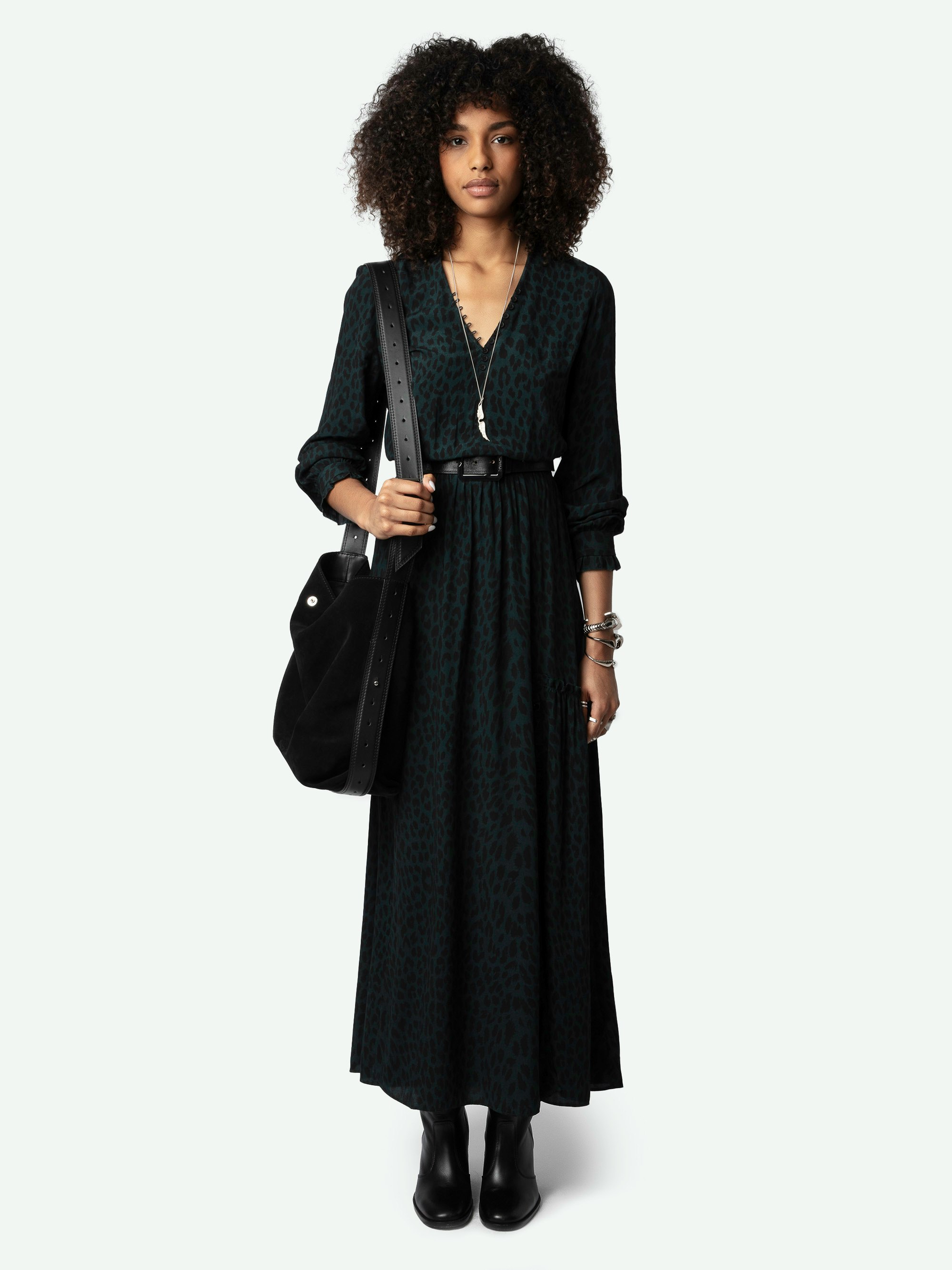 Rabella Leopard Dress - Dark green maxi dress with leopard print, buttoned neckline and split skirt with ruffles.
