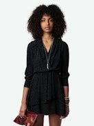Rogers Leopard Dress - Mini dark green dress with leopard print, cropped sleeves and draped asymmetrical skirt.
