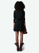 Rogers Leopard Dress - Mini dark green dress with leopard print, cropped sleeves and draped asymmetrical skirt.
