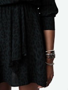 Rogers Leopard Dress - Mini dark green dress with leopard print, cropped sleeves and draped asymmetrical skirt.