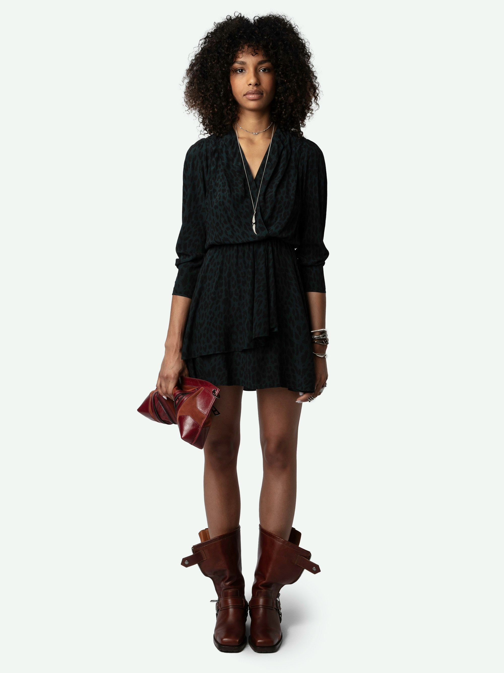 Rogers Leopard Dress - Mini dark green dress with leopard print, cropped sleeves and draped asymmetrical skirt.