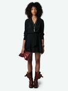 Rogers Leopard Dress - Mini dark green dress with leopard print, cropped sleeves and draped asymmetrical skirt.