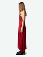 Risty Dress - Lingerie-style red maxi dress with Wild Voltaire print, thin straps and lace-trimmed neckline.