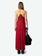 Risty Dress - Lingerie-style red maxi dress with Wild Voltaire print, thin straps and lace-trimmed neckline.