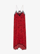 Risty Dress - Lingerie-style red maxi dress with Wild Voltaire print, thin straps and lace-trimmed neckline.