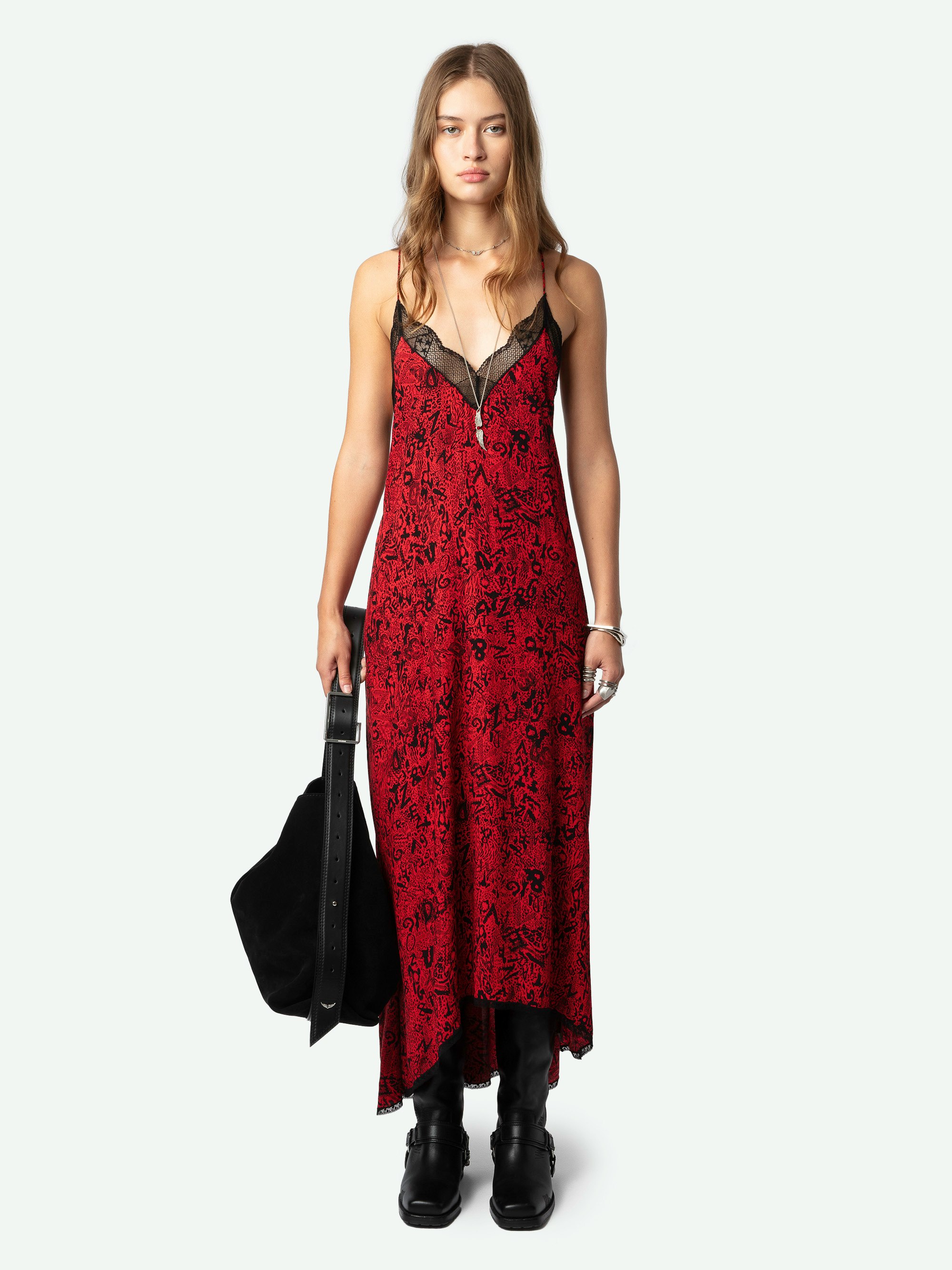 Risty Dress - Lingerie-style red maxi dress with Wild Voltaire print, thin straps and lace-trimmed neckline.