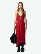 Risty Dress - Lingerie-style red maxi dress with Wild Voltaire print, thin straps and lace-trimmed neckline.