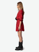 Refla Dress - Red mini dress with Wild Voltaire print, mandarin collar and smocked waist.