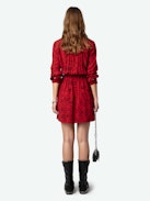 Refla Dress - Red mini dress with Wild Voltaire print, mandarin collar and smocked waist.
