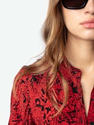 Refla Dress - Red mini dress with Wild Voltaire print, mandarin collar and smocked waist.