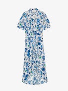 Rima Dress - Short-sleeved ecru midi dress with Garden Flowers floral print and asymmetrical skirt.