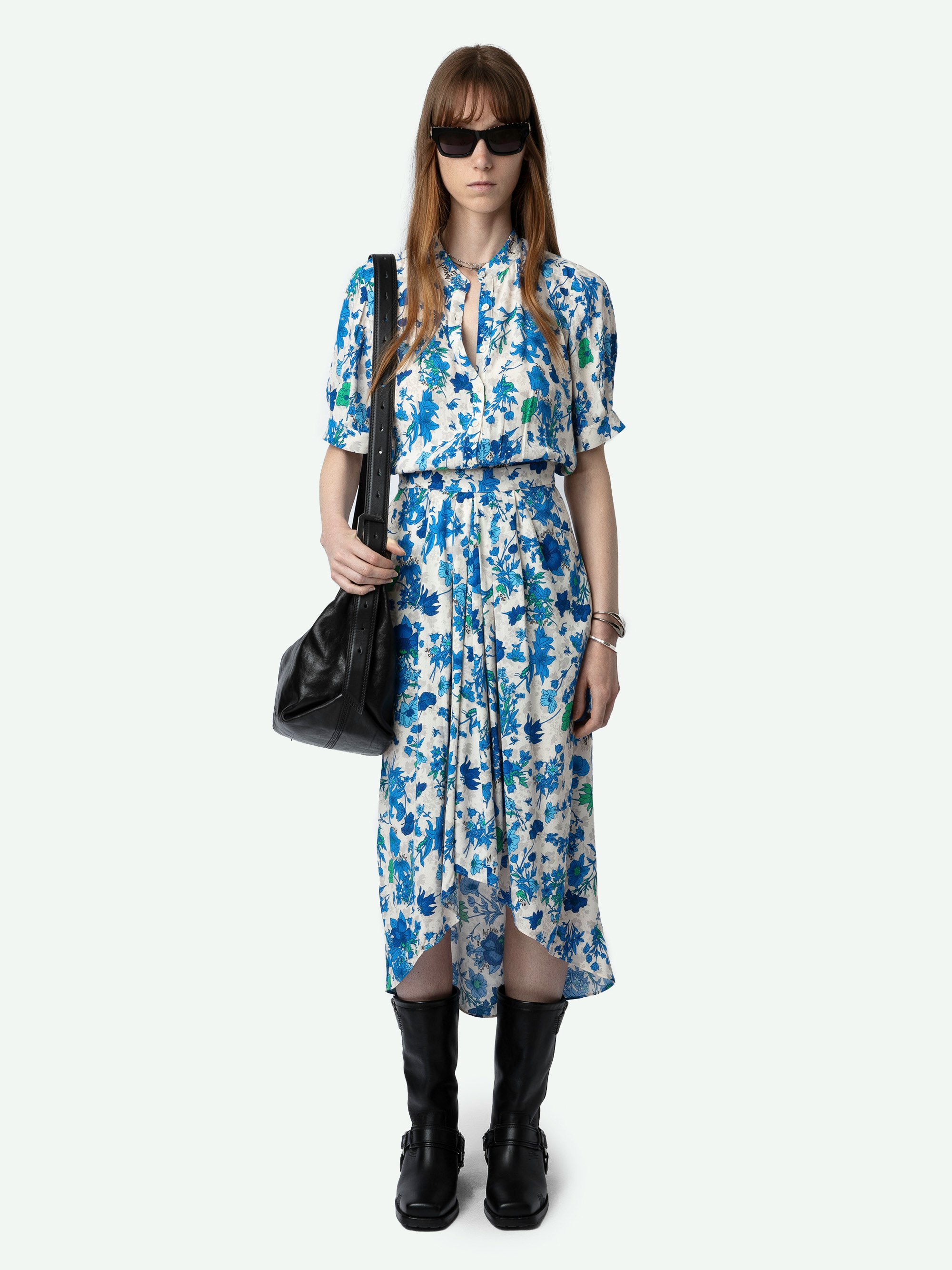 Rima Dress - Short-sleeved ecru midi dress with Garden Flowers floral print and asymmetrical skirt.