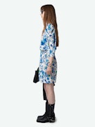 Ruz Dress - Ecru crepe mini dress with Garden Flowers floral print, gathers and crossover neckline.