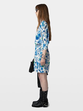 Ruz Dress - Short crepe dress with Garden Flowers floral print, gathering and wrap neckline.