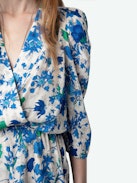 Ruz Dress - Ecru crepe mini dress with Garden Flowers floral print, gathers and crossover neckline.