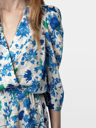 Ruz Dress - Short crepe dress with Garden Flowers floral print, gathering and wrap neckline.