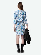 Ruz Dress - Ecru crepe mini dress with Garden Flowers floral print, gathers and crossover neckline.
