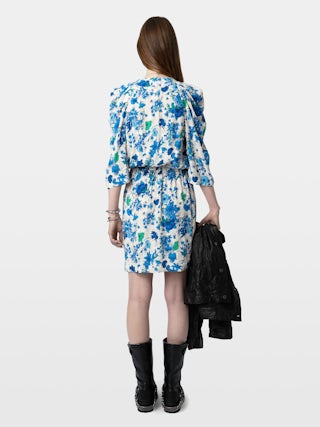 Ruz Dress - Short crepe dress with Garden Flowers floral print, gathering and wrap neckline.