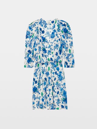 Ruz Dress - Short crepe dress with Garden Flowers floral print, gathering and wrap neckline.