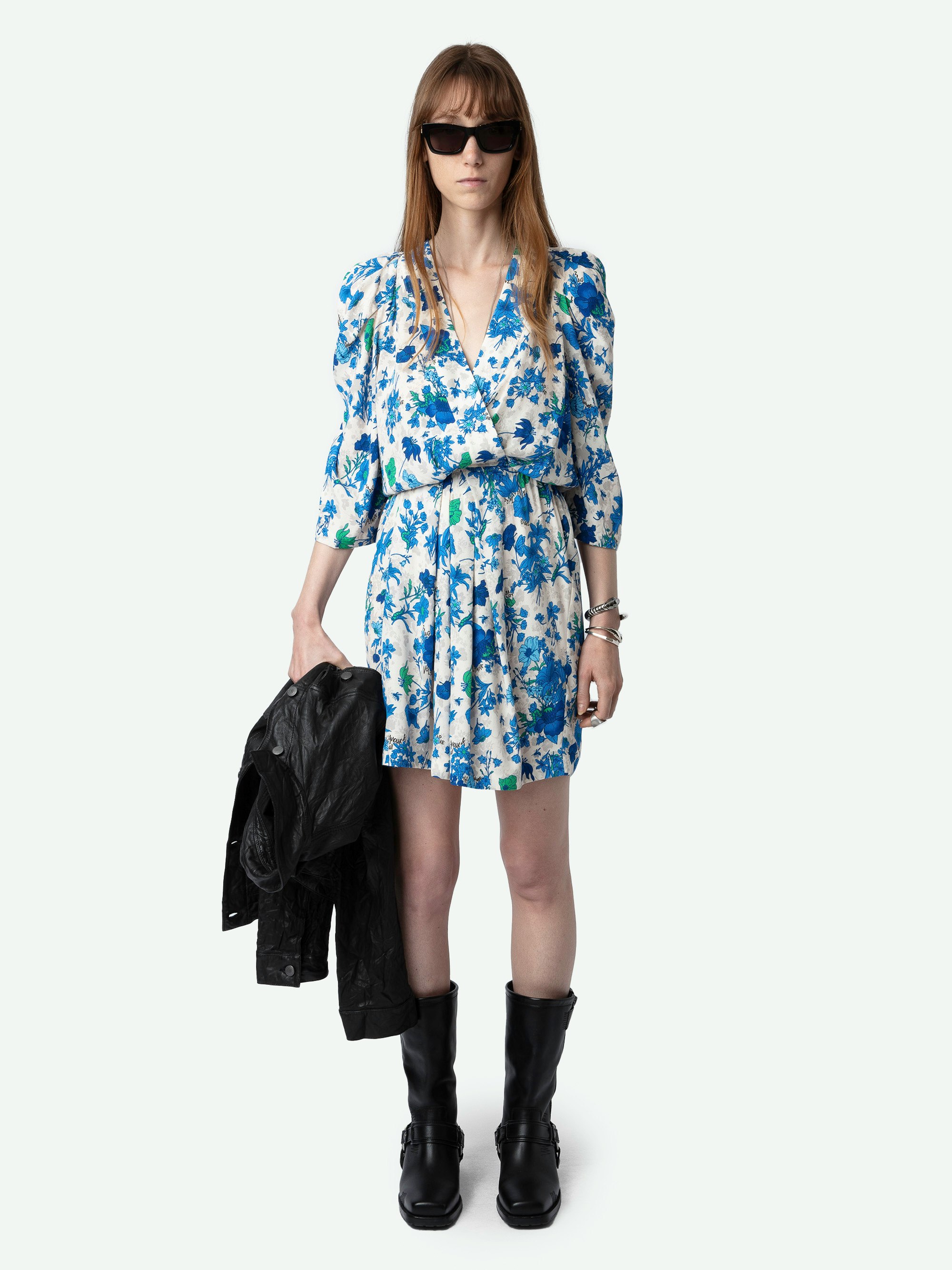 Ruz Dress - Ecru crepe mini dress with Garden Flowers floral print, gathers and crossover neckline.