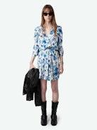 Ruz Dress - Ecru crepe mini dress with Garden Flowers floral print, gathers and crossover neckline.